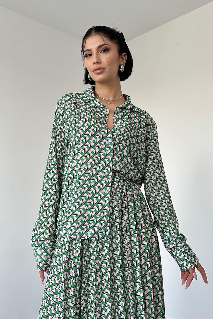 ELS Patterned Viscose Shirt and Skirt Set - Green - Pryluky