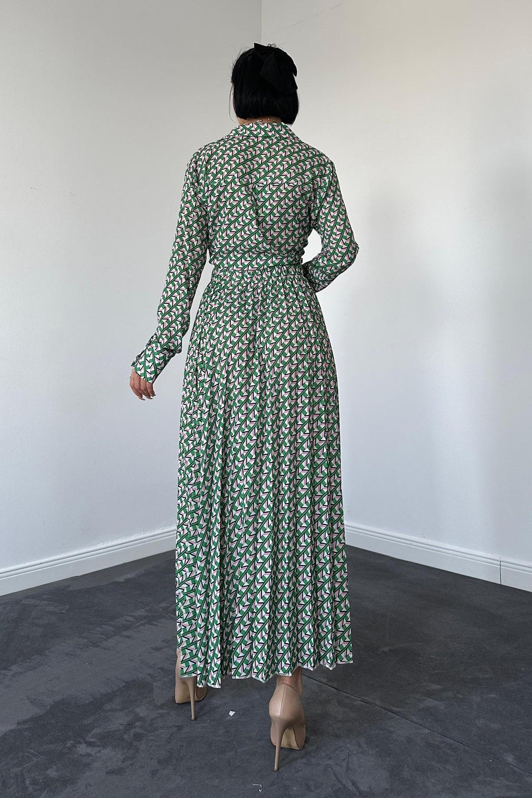 ELS Patterned Viscose Shirt and Skirt Set - Green - Pryluky