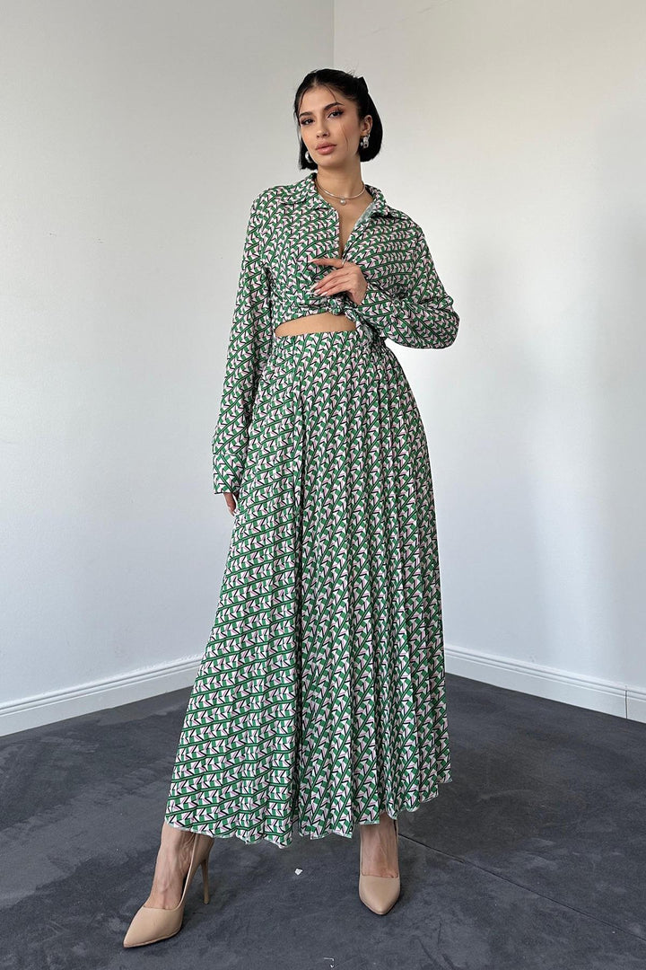 ELS Patterned Viscose Shirt and Skirt Set - Green - Pryluky