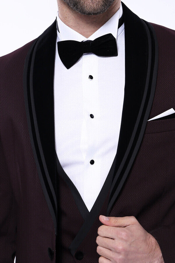WSS Detachable Velvet Lapel Burgundy Tuxedo  - Klinë