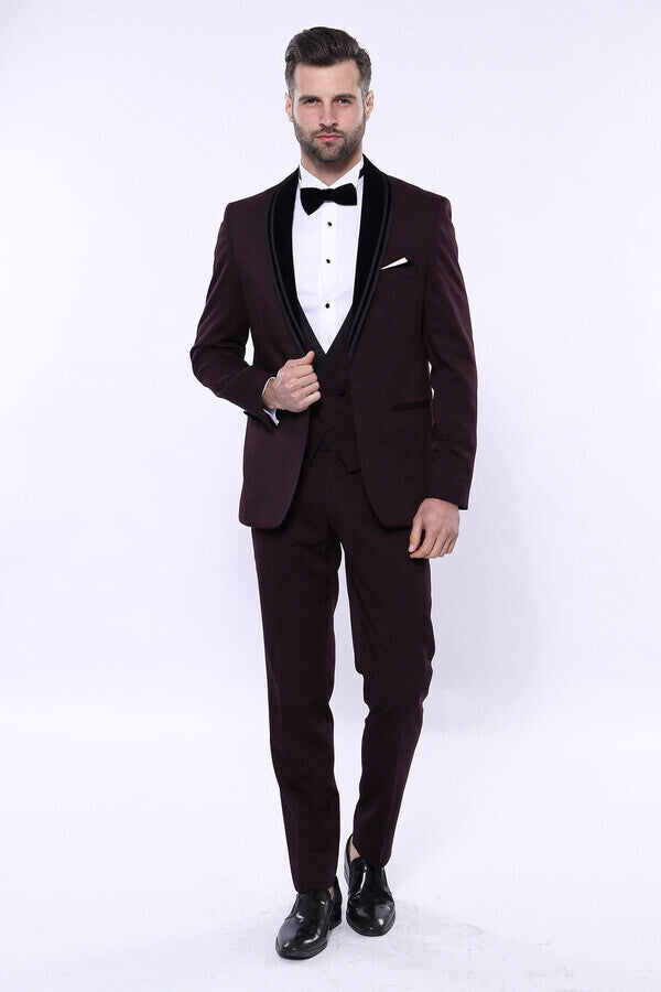WSS Detachable Velvet Lapel Burgundy Tuxedo  - Klinë