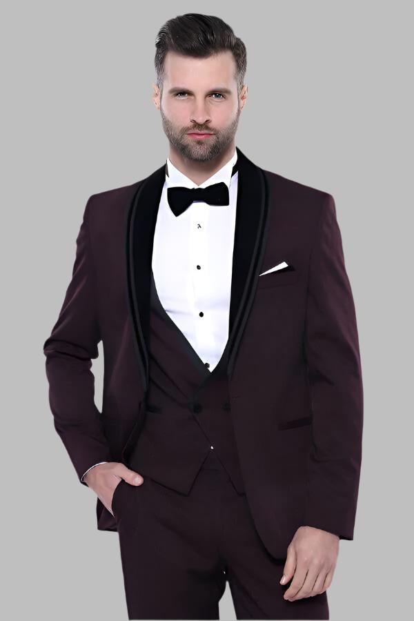 WSS Detachable Velvet Lapel Burgundy Tuxedo  - Klinë