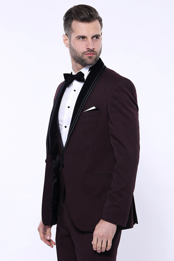 WSS Detachable Velvet Lapel Burgundy Tuxedo  - Klinë