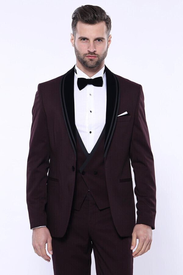 WSS Detachable Velvet Lapel Burgundy Tuxedo  - Klinë