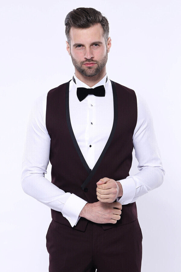 WSS Detachable Velvet Lapel Burgundy Tuxedo  - Klinë