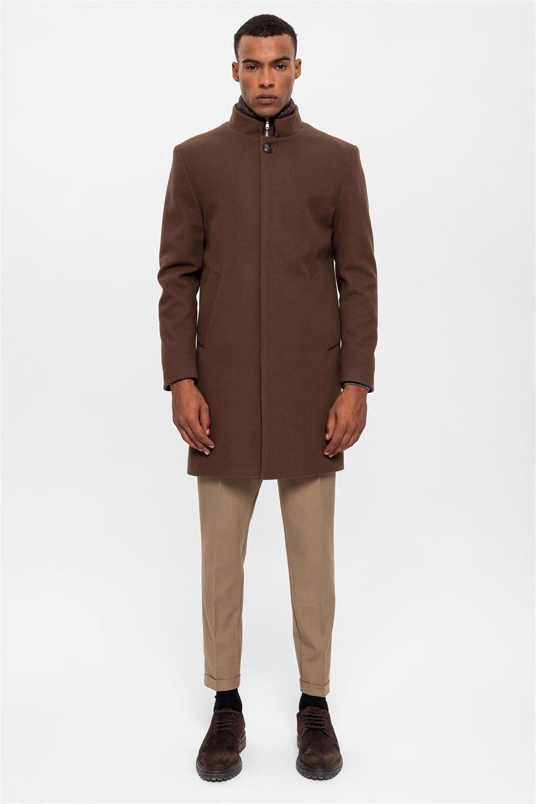 ANT High Collar Men's Coat with Hidden Button Detail - Tampico
