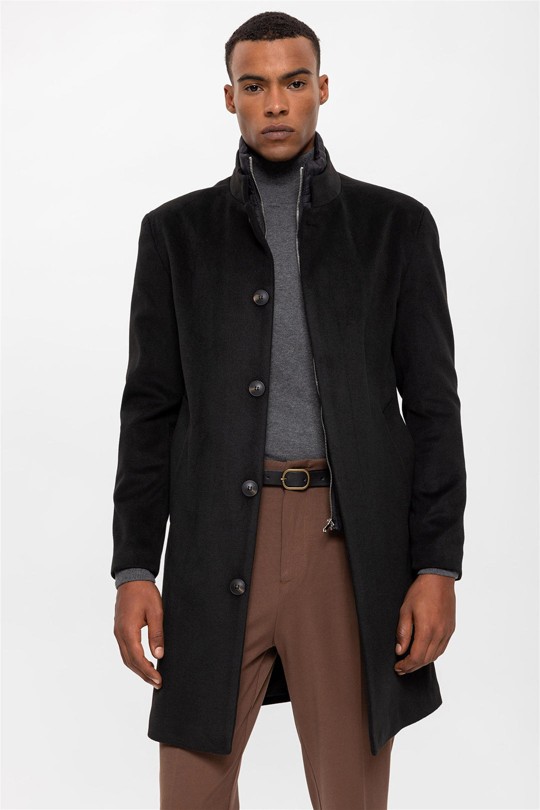 ANT High Collar Men's Coat with Hidden Button Detail - Skenderaj