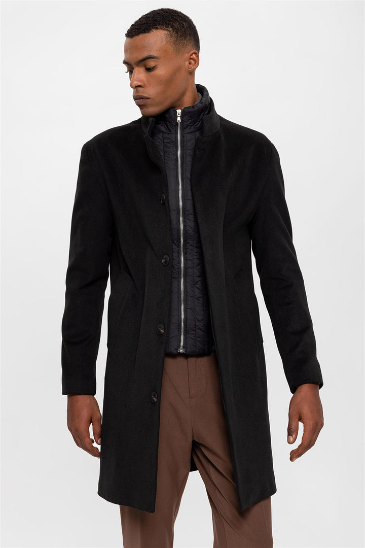 ANT High Collar Men's Coat with Hidden Button Detail - Skenderaj