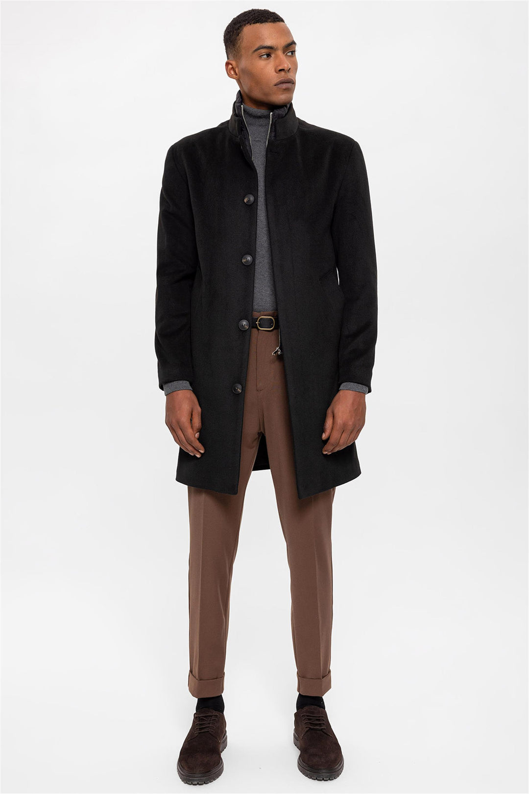 ANT High Collar Men's Coat with Hidden Button Detail - Skenderaj
