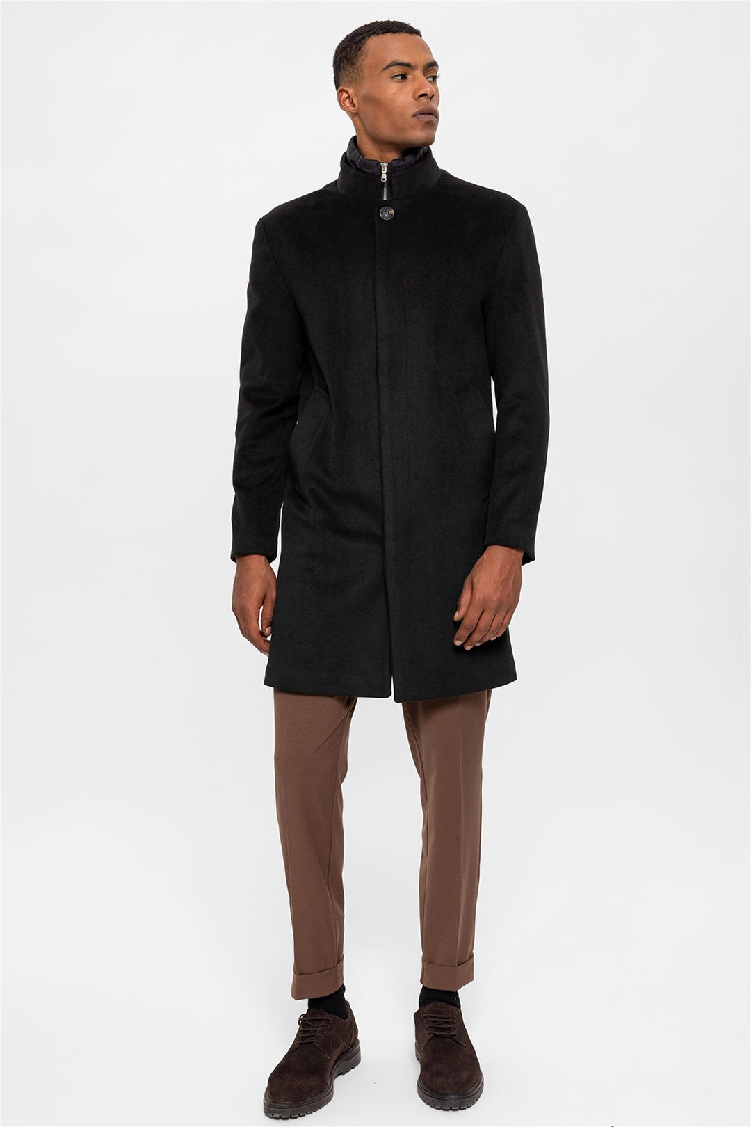 ANT High Collar Men's Coat with Hidden Button Detail - Skenderaj