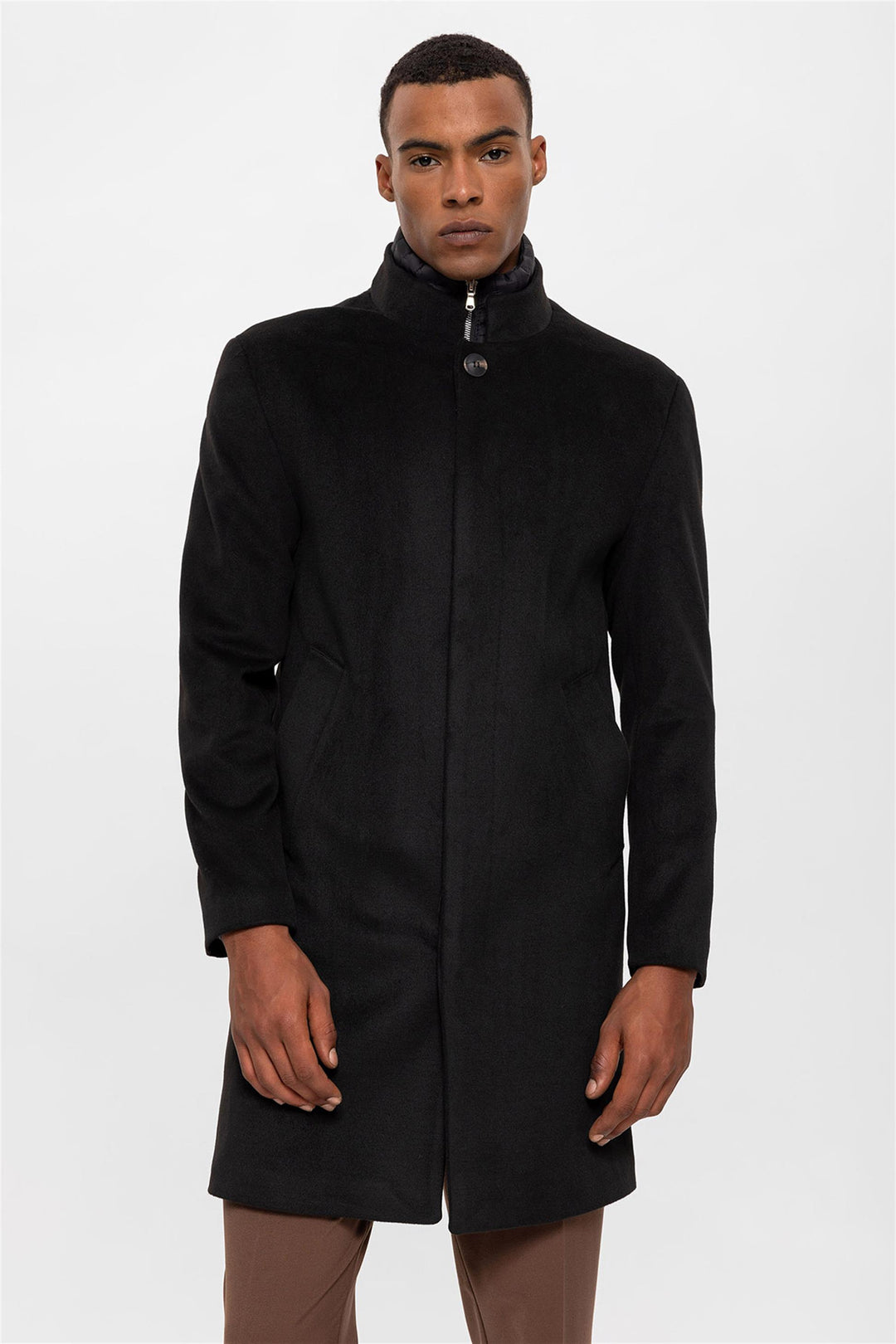 ANT High Collar Men's Coat with Hidden Button Detail - Skenderaj