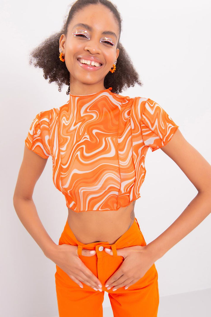 BSL Women High Neck Short Sleeve Sheer Crop Top - Alameda