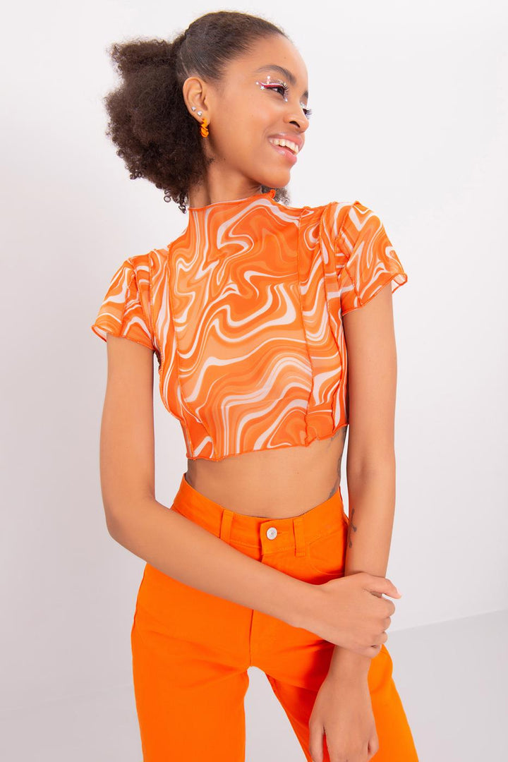 BSL Women High Neck Short Sleeve Sheer Crop Top - Alameda