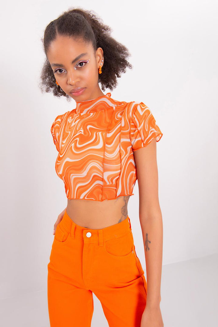 BSL Women High Neck Short Sleeve Sheer Crop Top - Alameda