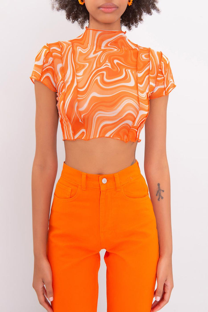 BSL Women High Neck Short Sleeve Sheer Crop Top - Alameda