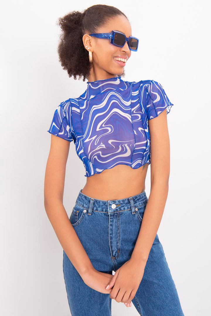 BSL Women High Neck Short Sleeve Sheer Crop Top - Šiauliai