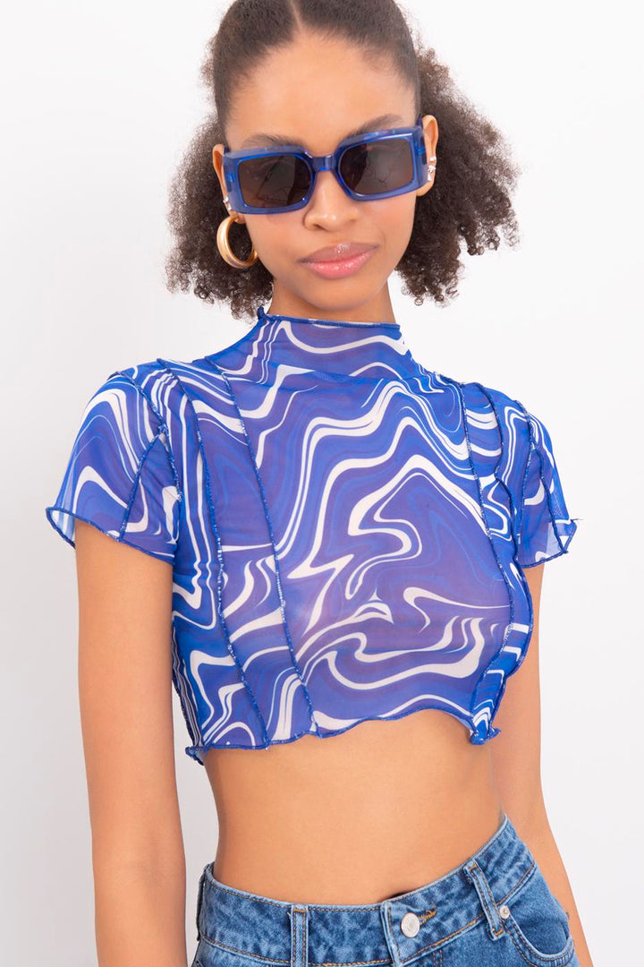 BSL Women High Neck Short Sleeve Sheer Crop Top - Šiauliai