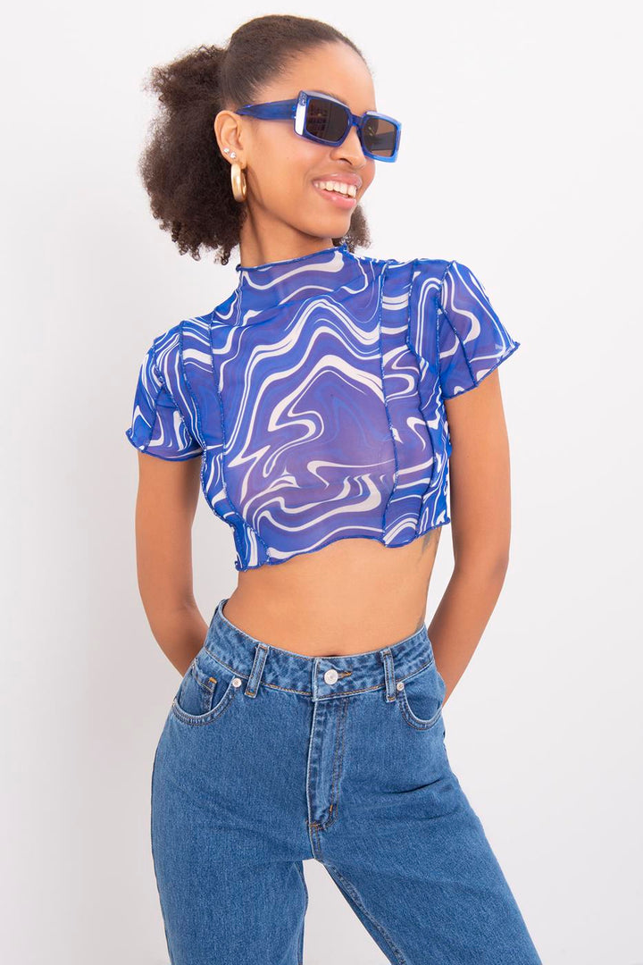 BSL Women High Neck Short Sleeve Sheer Crop Top - Šiauliai