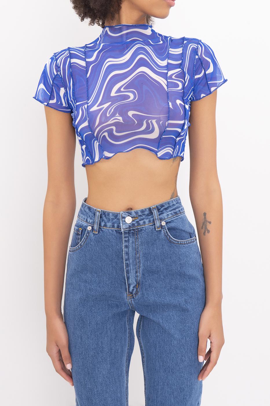 BSL Women High Neck Short Sleeve Sheer Crop Top - Šiauliai