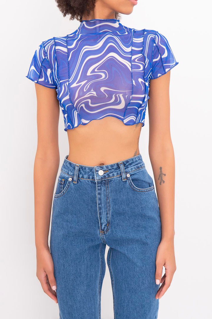 BSL Women High Neck Short Sleeve Sheer Crop Top - Šiauliai