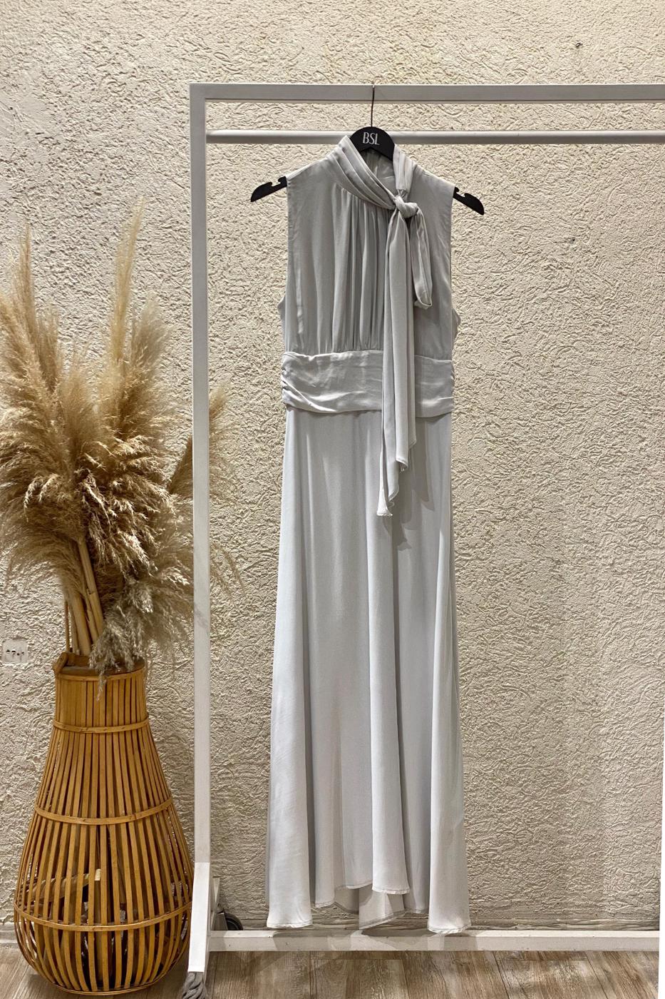 BSL Women Satin Midi Dress with Stand Collar and Scarf on the Shoulder - Covilhã