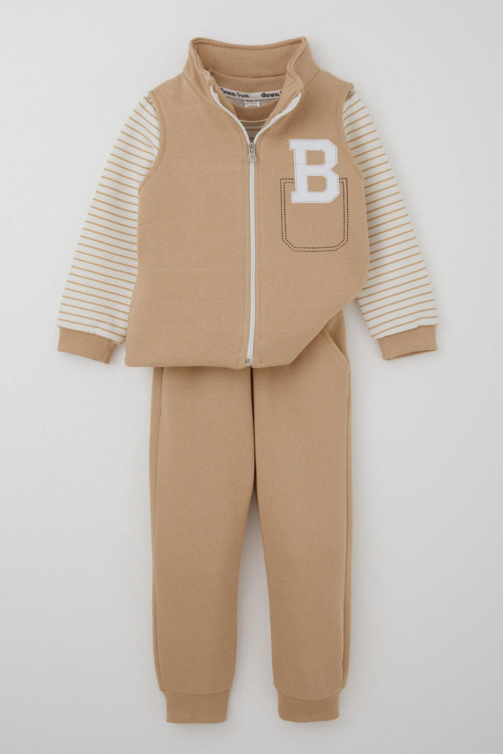 BRE Donino Boys' Tracksuit Set with B Printed Vest, 2-5 Years, Beige - Elizabeth