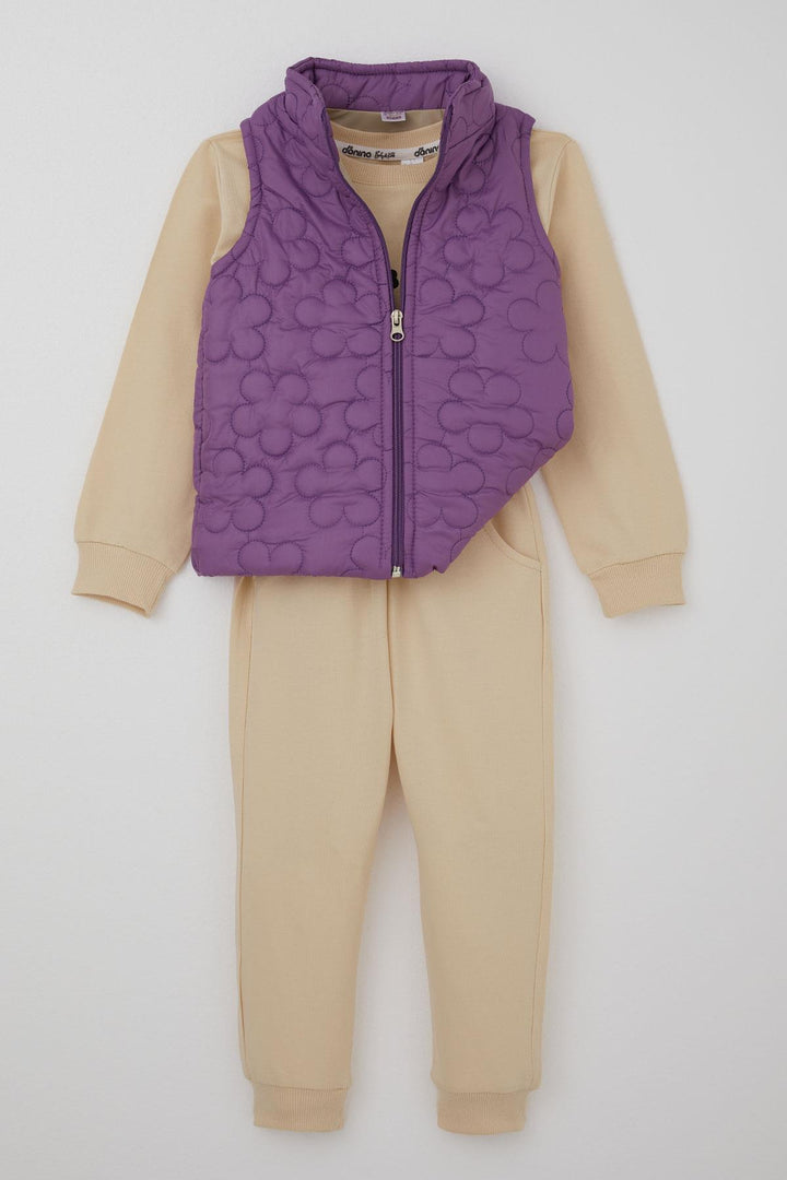 BRE Donino Girl's Tracksuit Set with Flower Print Quilted Micro Vest, 2-5 Years, Cream - Puerto Vallarta