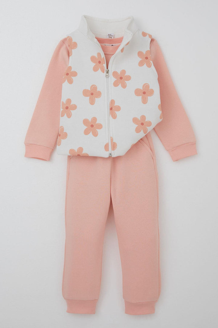 BRE Donino Girl's Tracksuit Set with Flower Patterned Vest, 2-5 Years, Pink - Chaniá