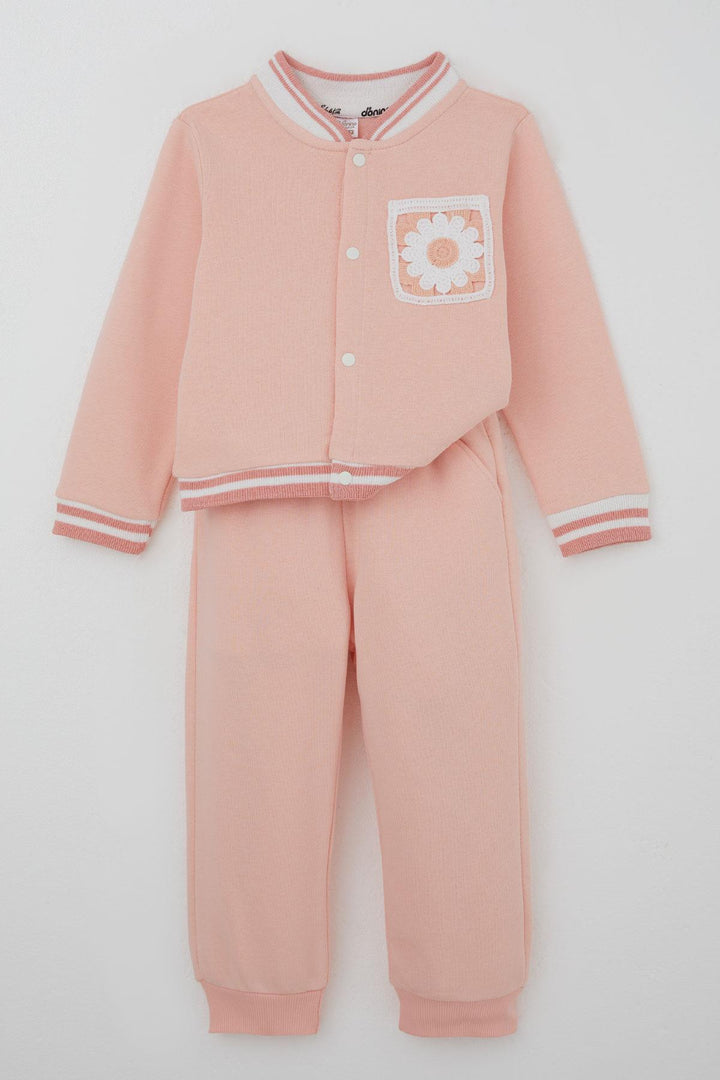 BRE Donino Girl's Tracksuit with Flower Knitted Pocket Detail Snap Fastener 2-5 Years, Salmon - Roseville