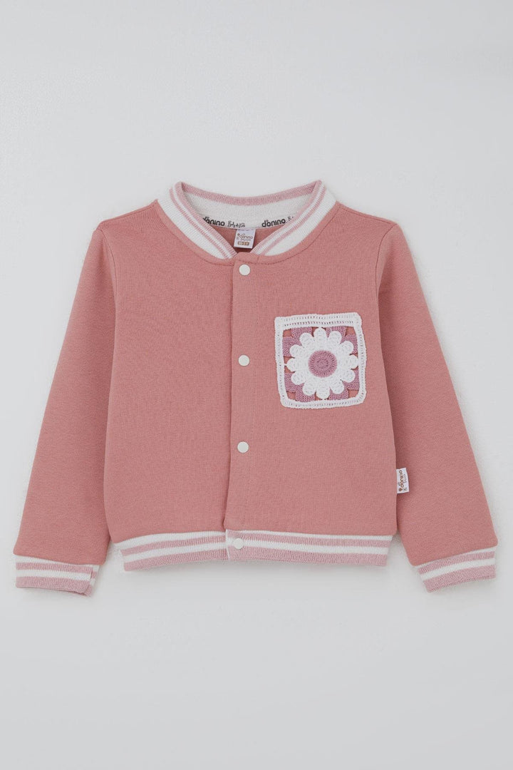 BRE Donino Girl's Tracksuit with Flower Knitted Pocket Detail Snap Fastener 2-5 Years, Rose Pink - Cerveteri