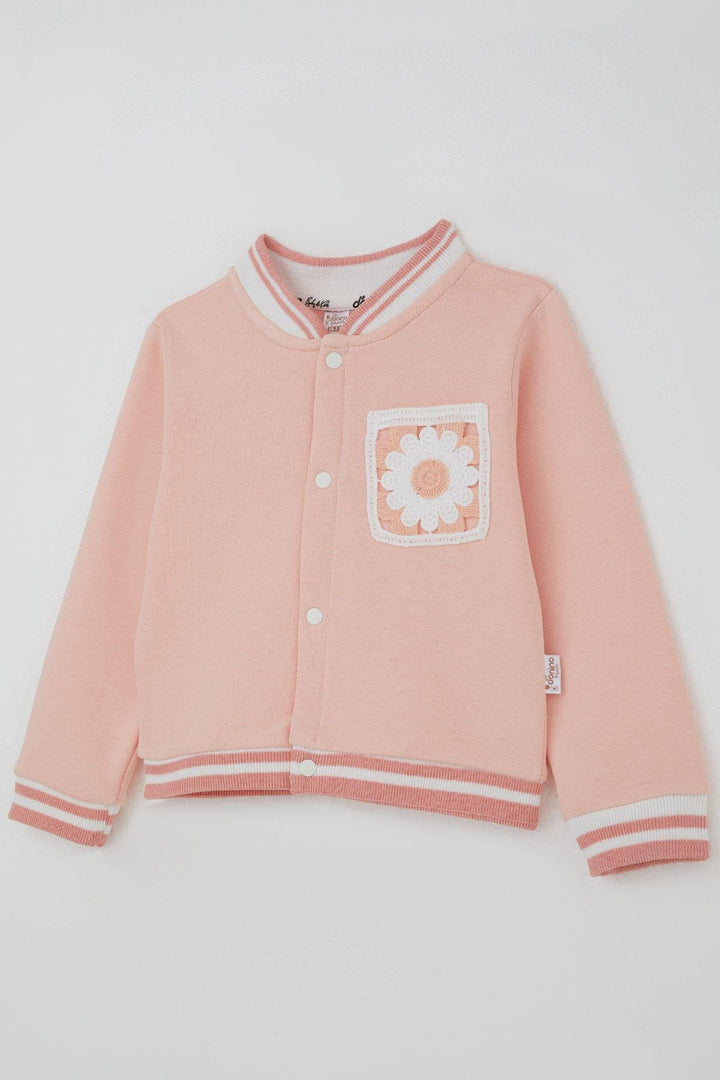 BRE Donino Girl's Tracksuit with Flower Knitted Pocket Detail Snap Fastener 2-5 Years, Salmon - Roseville