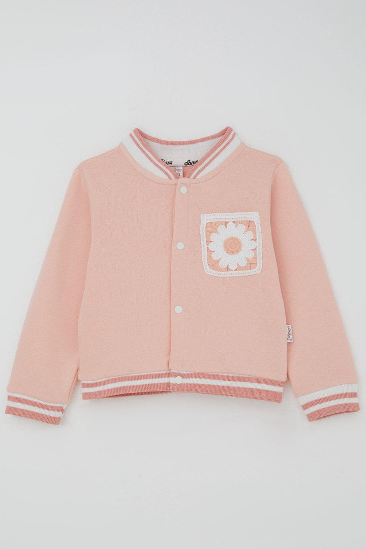 BRE Donino Girl's Tracksuit with Flower Knitted Pocket Detail Snap Fastener 2-5 Years, Salmon - Roseville
