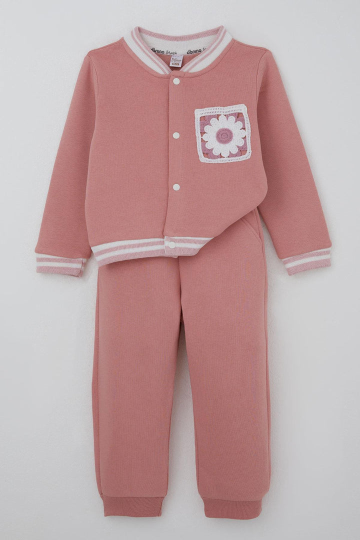 BRE Donino Girl's Tracksuit with Flower Knitted Pocket Detail Snap Fastener 2-5 Years, Rose Pink - Cerveteri