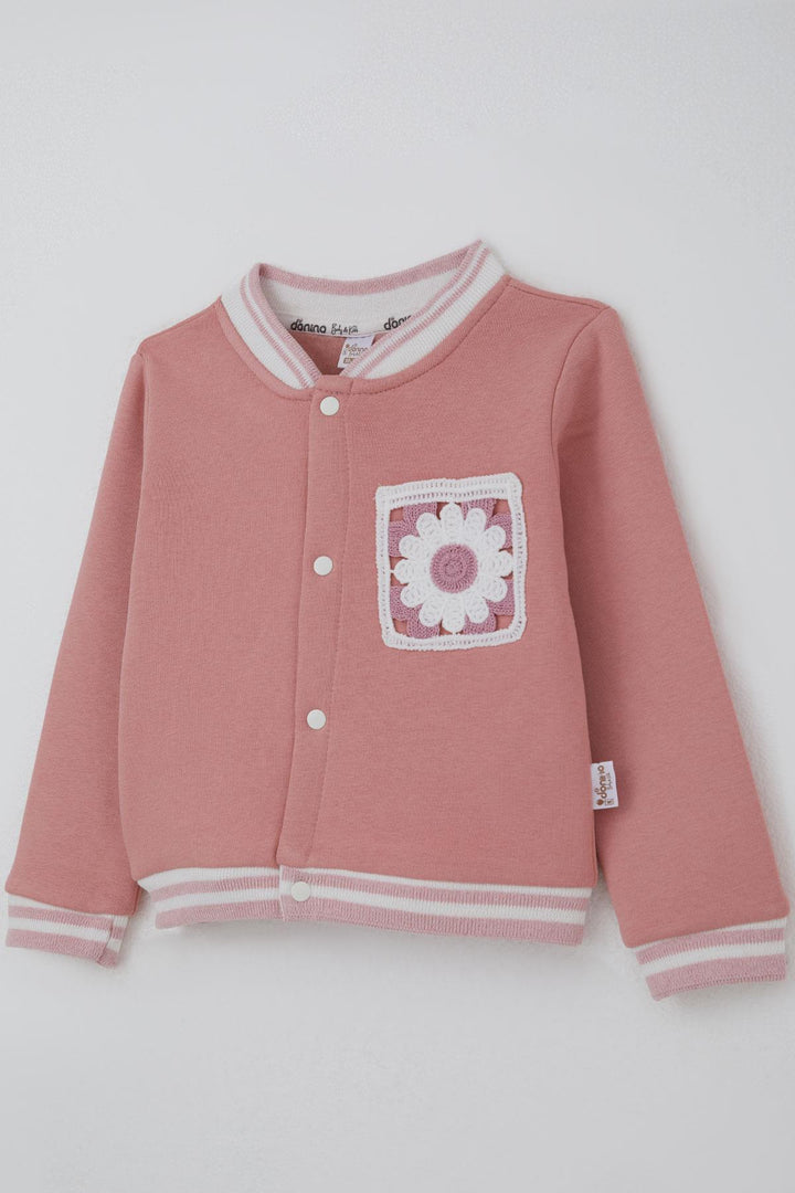 BRE Donino Girl's Tracksuit with Flower Knitted Pocket Detail Snap Fastener 2-5 Years, Rose Pink - Wylie