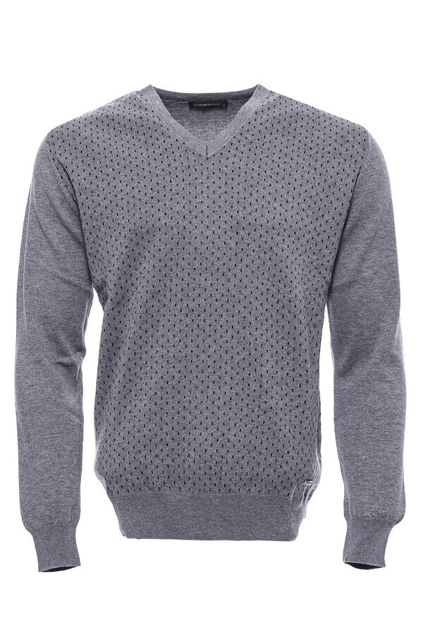WSS Dot Patterned V Neck Grey Sweater  - Kherson