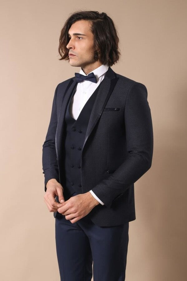 WSS Dot Patterned Vested Dark Blue Wedding Suit   - North Charleston