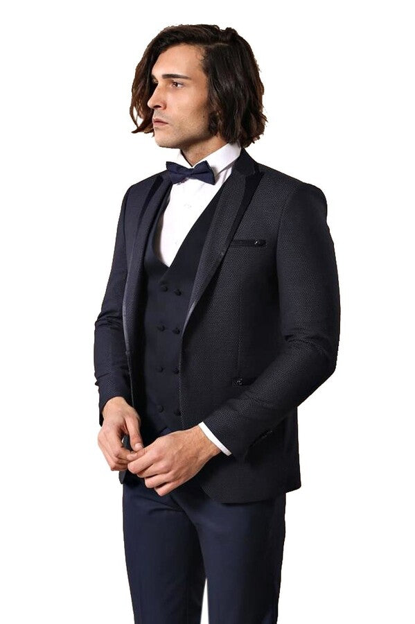 WSS Dot Patterned Vested Dark Blue Wedding Suit   - North Charleston