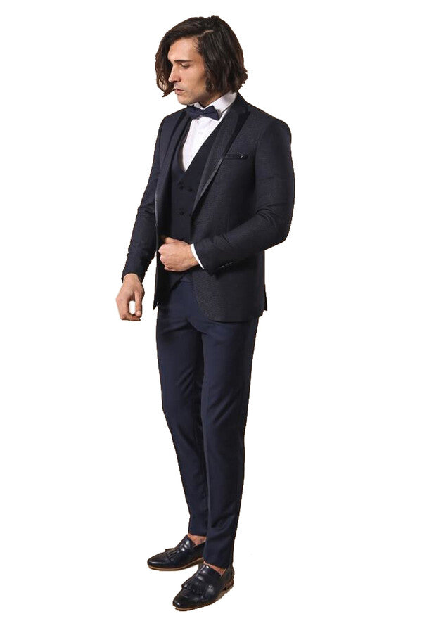 WSS Dot Patterned Vested Dark Blue Wedding Suit   - North Charleston