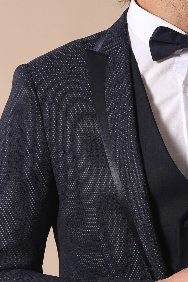 WSS Dot Patterned Vested Dark Blue Wedding Suit   - North Charleston