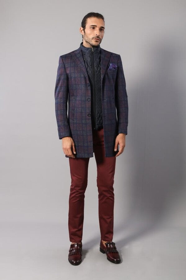 WSS Double-Breasted Plaid Burgundy Men Coat  - Mira