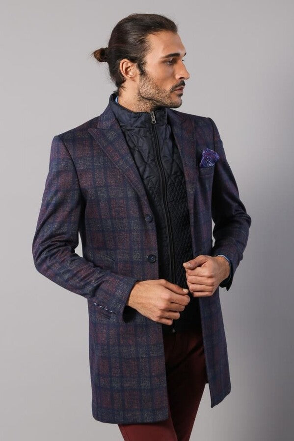 WSS Double-Breasted Plaid Burgundy Men Coat  - Mira