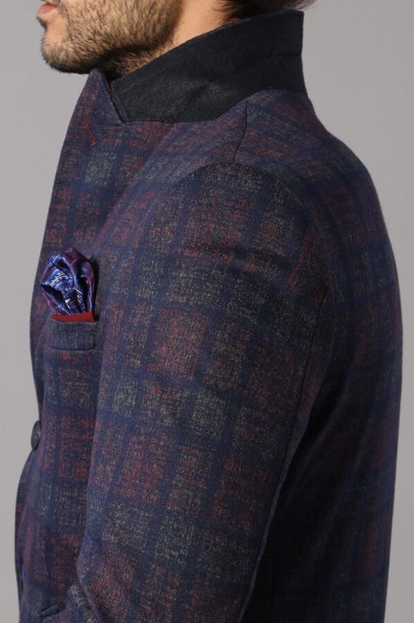 WSS Double-Breasted Plaid Burgundy Men Coat  - Mira