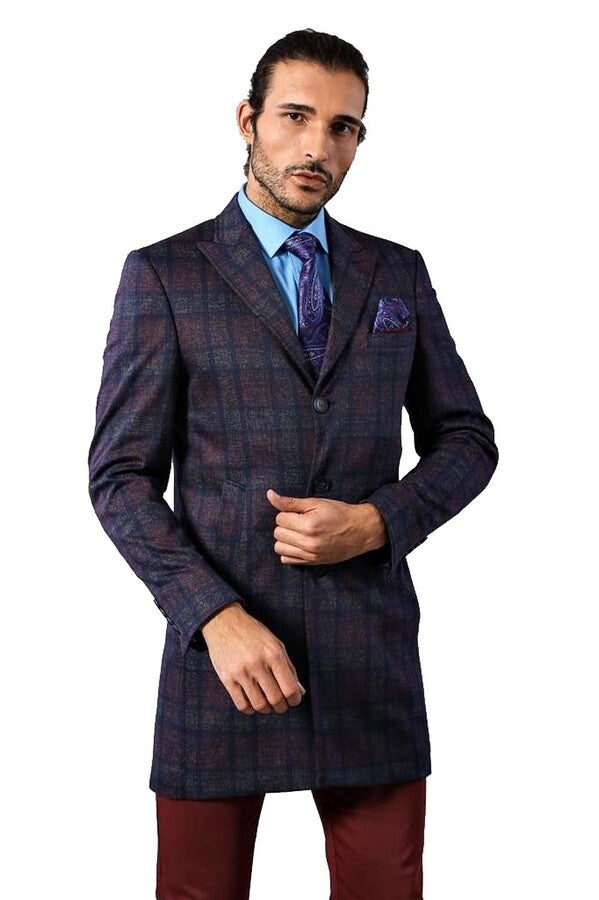 WSS Double-Breasted Plaid Burgundy Men Coat  - Mira