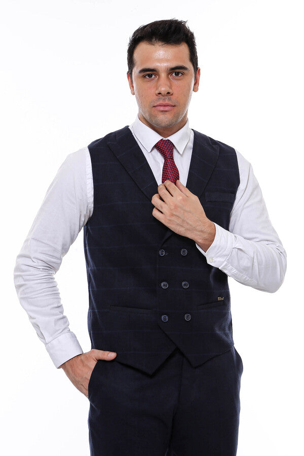 WSS Double Breasted Plaid Navy Blue Men's Vest  - Sterling Heights