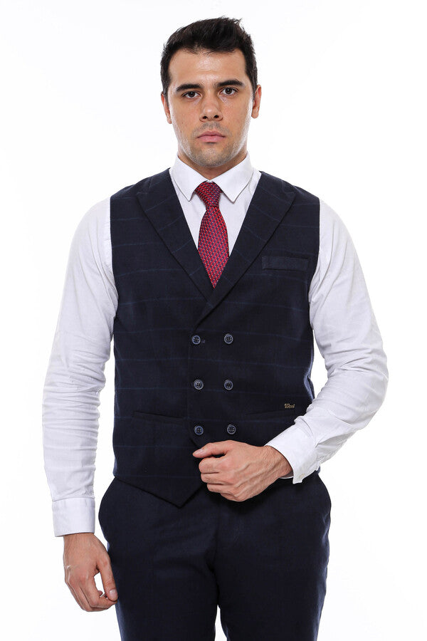 WSS Double Breasted Plaid Navy Blue Men's Vest  - Sterling Heights