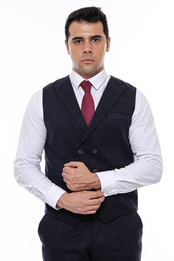 WSS Double Breasted Plaid Navy Blue Men's Vest  - Sterling Heights
