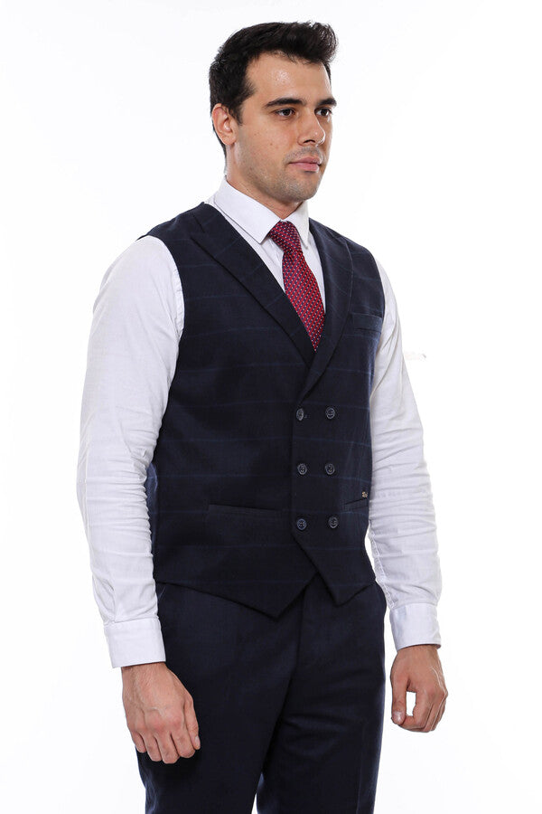 WSS Double Breasted Plaid Navy Blue Men's Vest  - Sterling Heights