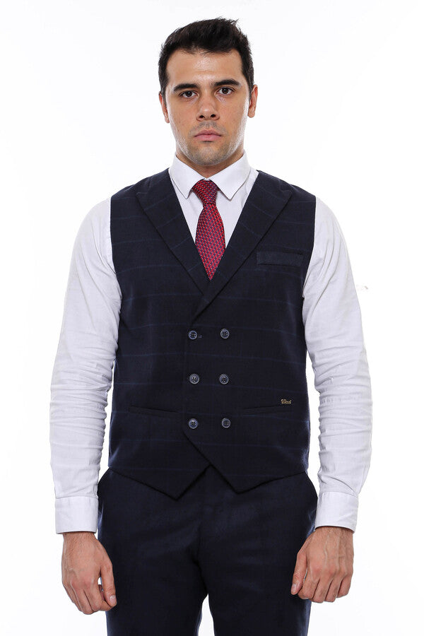 WSS Double Breasted Plaid Navy Blue Men's Vest  - Sterling Heights