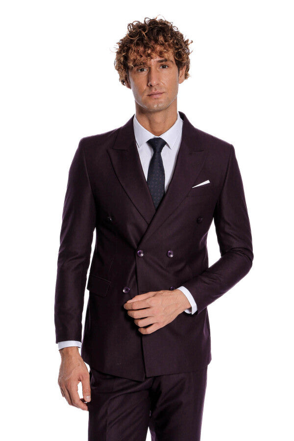 WSS Double Breasted Plain Wide Lapel Purple Men Suit  - Varash