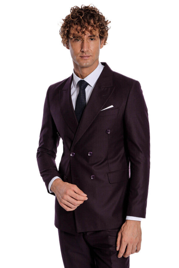 WSS Double Breasted Plain Wide Lapel Purple Men Suit  - Varash
